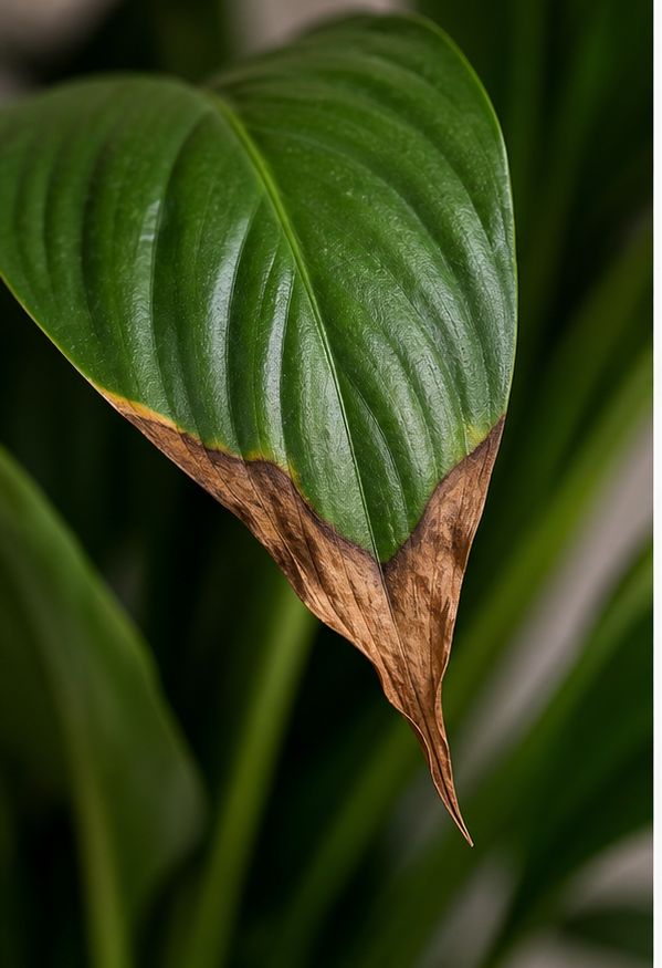 Close-up of brown leaf tip on peace lily due to dryness