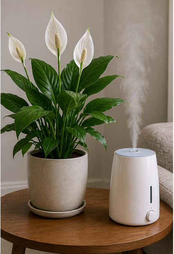 Peace lily with humidifier raising indoor humidity