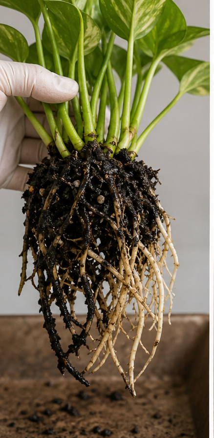 Pothos plant removed from pot showing root rot, with black mushy roots
