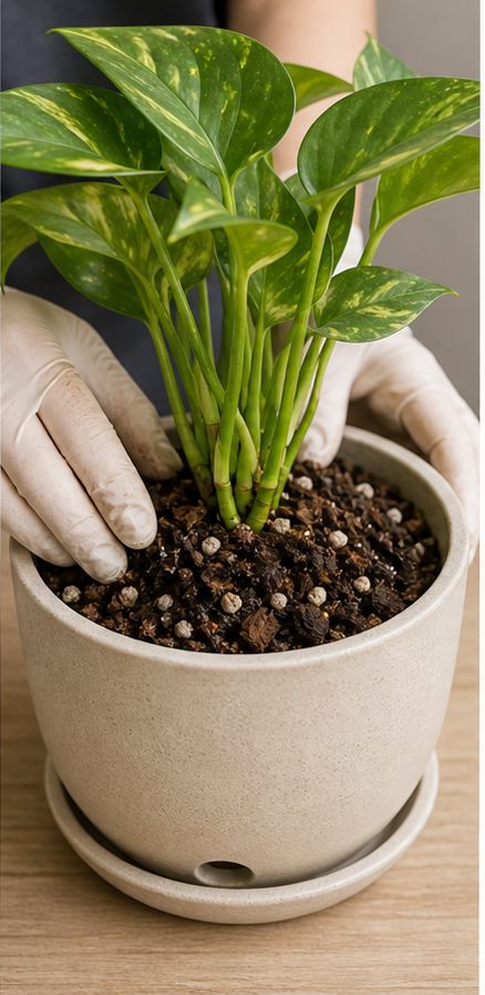 Repotting pothos with fresh well-draining soil