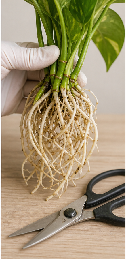 Close-up of healthy white roots after trimming rotted roots