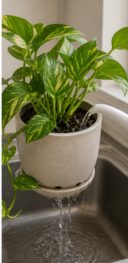 Demonstrating proper watering technique for recovering pothos