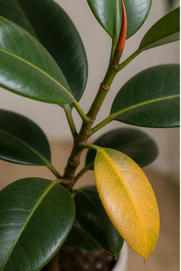 Close-up showing lower older leaves turning yellow on a rubber plant