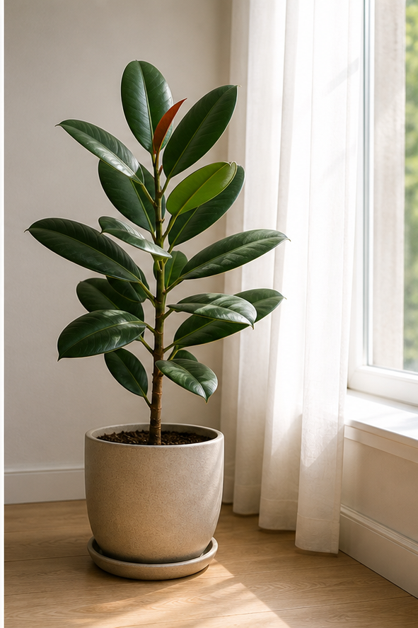 Illustration of correct rubber plant placement near an indoor window