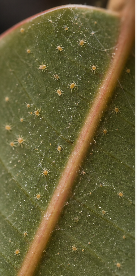 Macro photograph of spider mites on the underside of rubber plant leaf showing tiny red mites and webbing