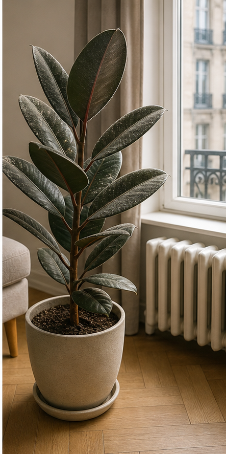European apartment living room with radiator heating, rubber plant near window showing visible dust accumulation on leaves