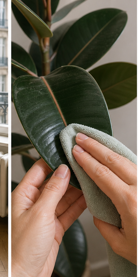Close-up of cleaning rubber plant leaves with damp cloth during care routine