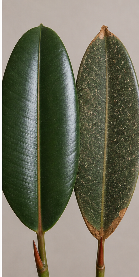 Comparison showing effects of low humidity on rubber plant, healthy on left and damaged on right