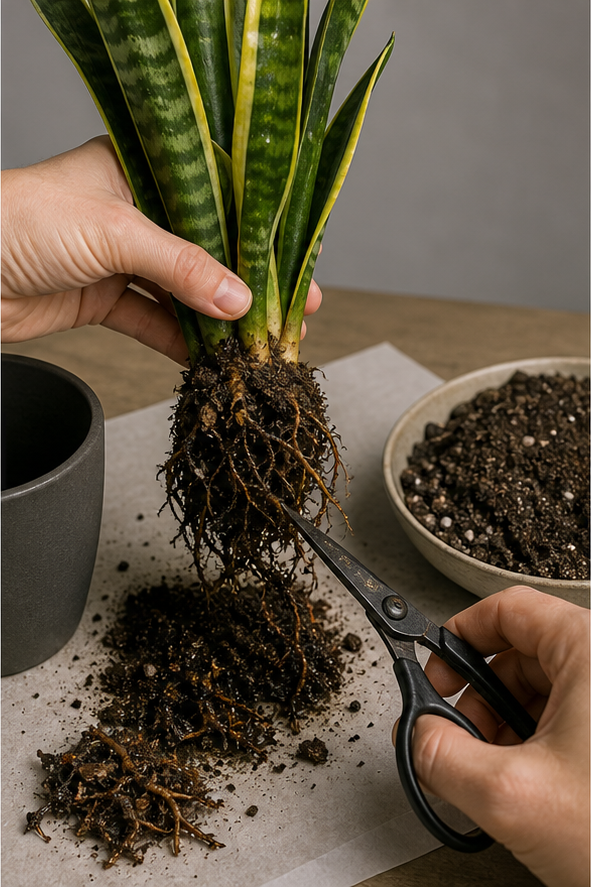 Snake plant root rot rescue procedure illustration