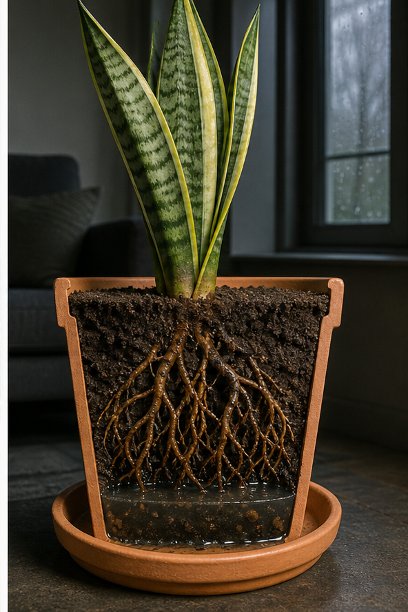 Overwatered soil causing root rot in snake plant