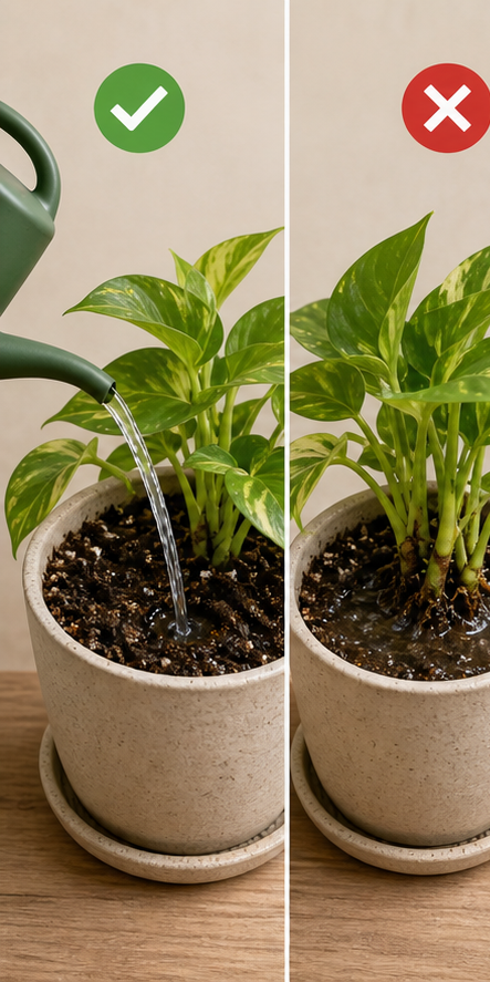 Illustration comparing correct and incorrect watering methods