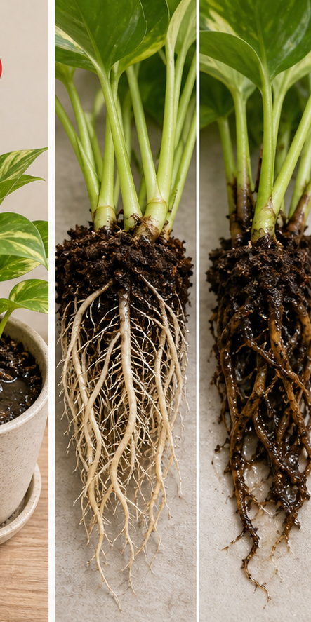 Comparison image of healthy versus rotting Pothos roots
