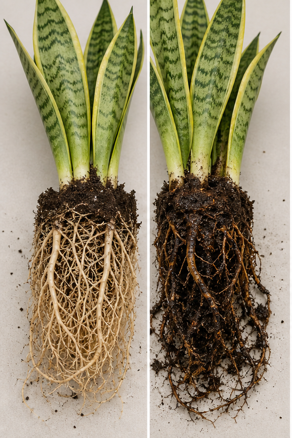 Snake plant removed from pot showing exposed roots with healthy and rotting root comparison