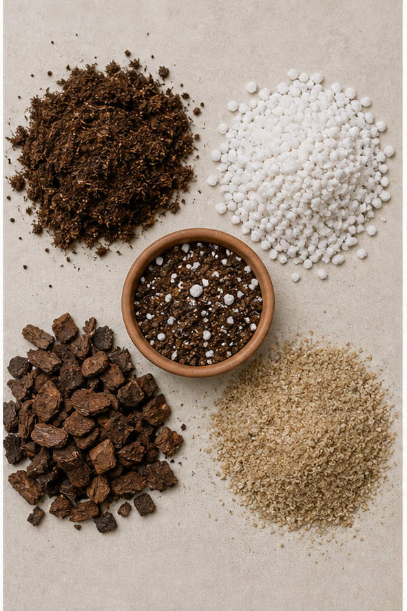 Illustration showing correct soil mix ingredients with proportions of peat, perlite, compost and sand