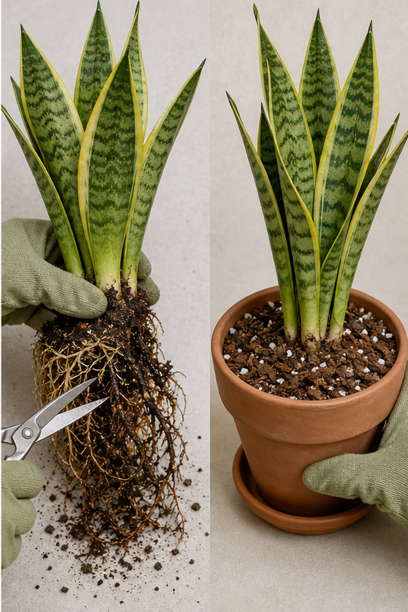 Step-by-step repotting guide showing root pruning on left and correct planting method on right