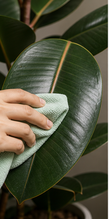 Illustration showing how to gently wipe rubber plant leaves with a soft cloth