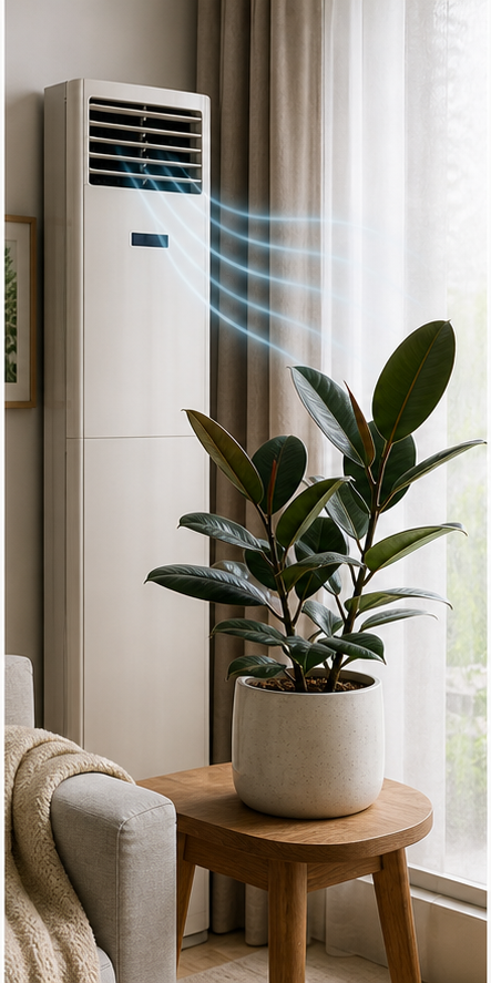 Diagram of indoor air conditioner airflow direction relative to the rubber plant, showing indirect airflow