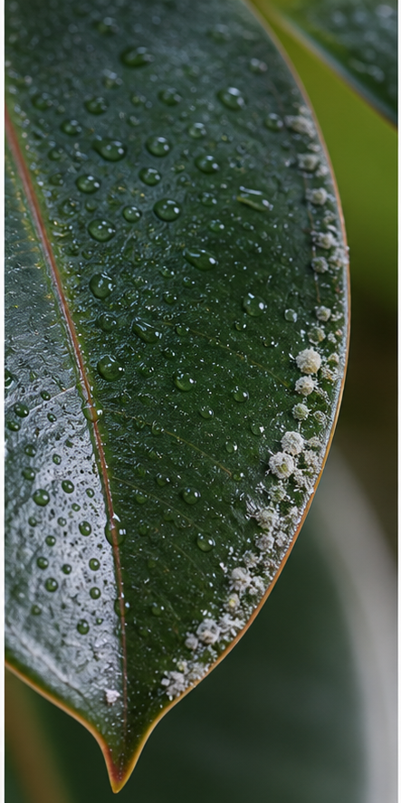 Rubber plant leaf showing water droplets and early mold spots under high monsoon humidity