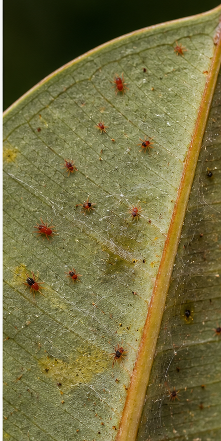 Microscopic view of spider mite infestation on the underside of a rubber plant leaf, showing tiny red mites and webbing