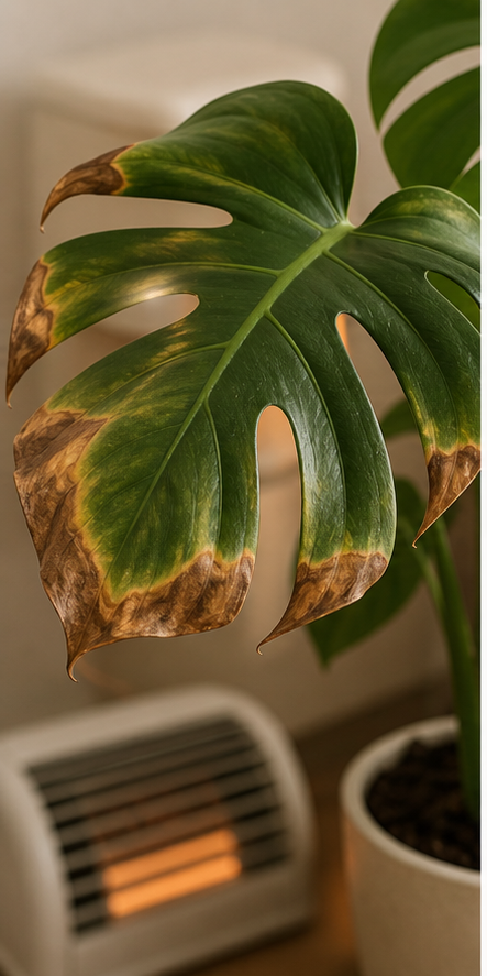 Monstera leaf with dry leaf tips and curling edges indicating low humidity from winter heating