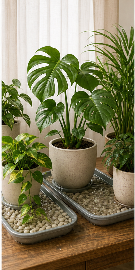 Using pebble tray method and plant grouping to boost local humidity for Monstera