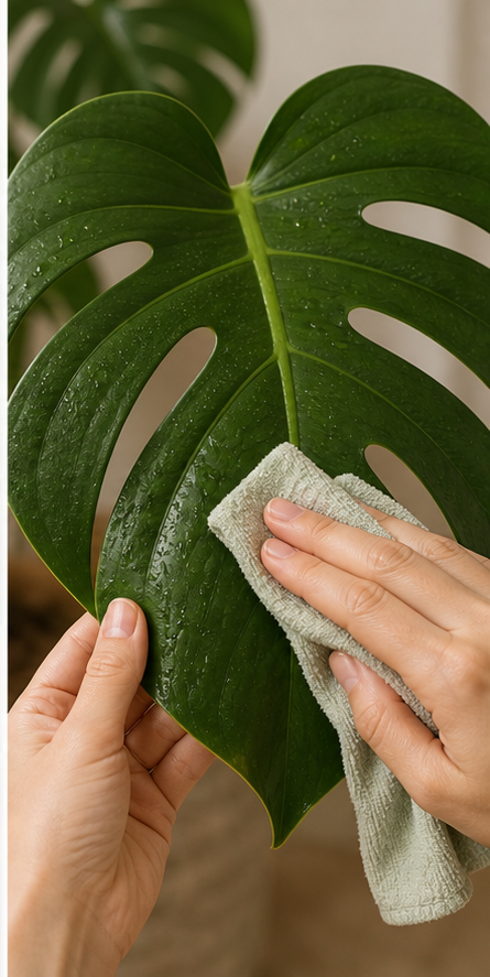 Techniques for cleaning Monstera leaves to keep stomata breathing freely