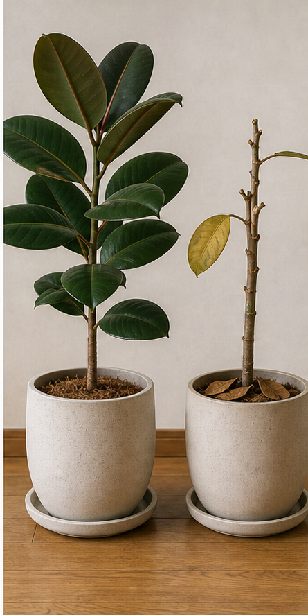 Rubber plant before and after winter leaf drop