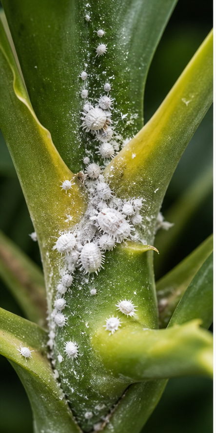 Close-up illustration showing mealybug colonies at Monstera leaf base