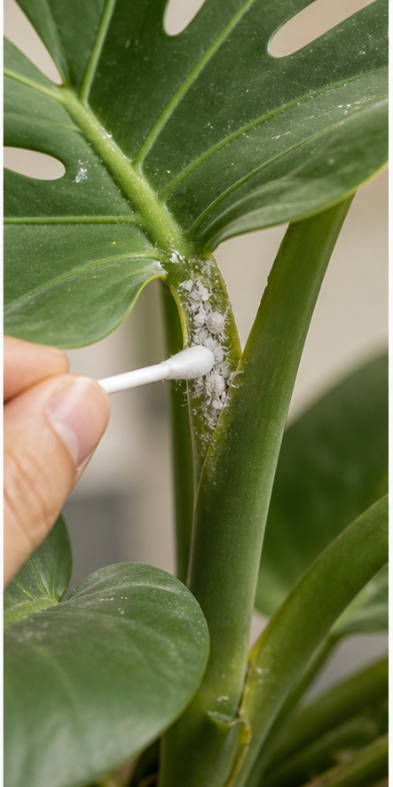 Step-by-step demonstration of using alcohol swabs to treat mealybugs