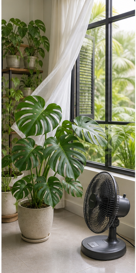 Monstera placement diagram showing improved airflow in rainy season