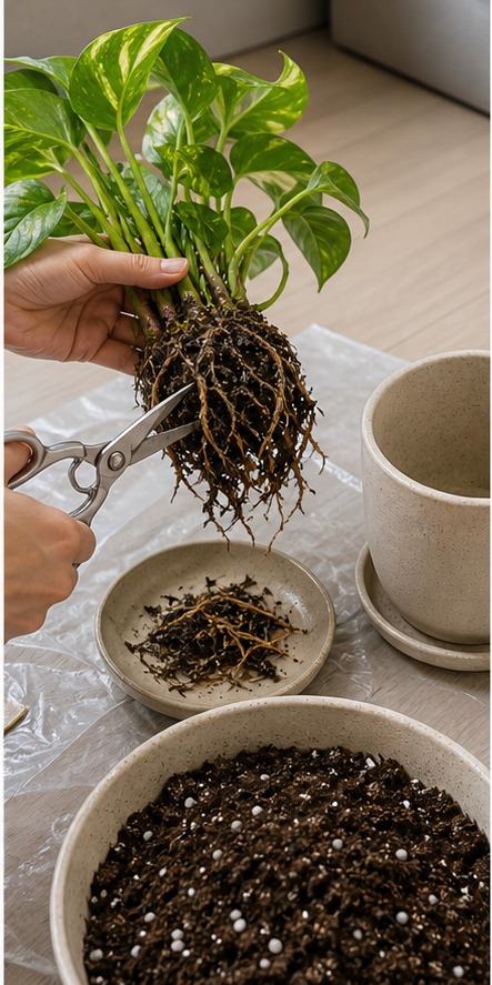 绿萝根系修剪与换盆过程