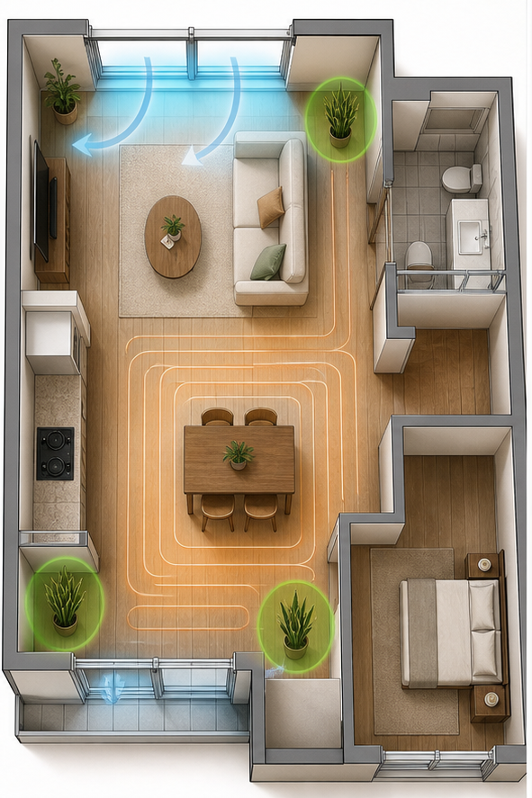 Floor plan diagram of a Korean apartment showing cold air flow direction and heating vent locations