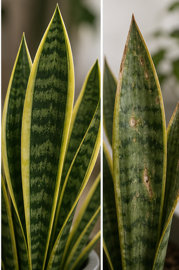 Close-up detail of snake plant leaves comparing healthy leaves versus slightly damaged leaves