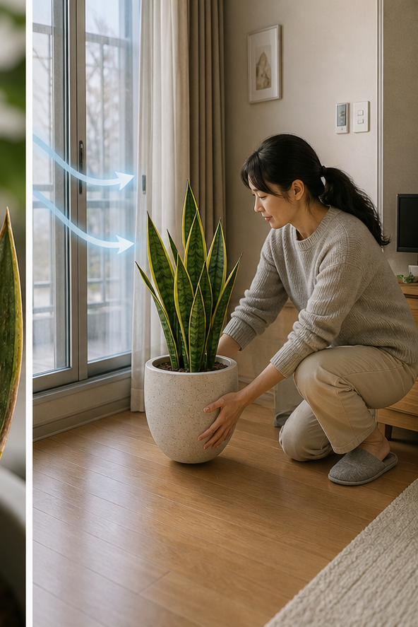 Korean housewife adjusting the position of a snake plant pot away from a cold draft window