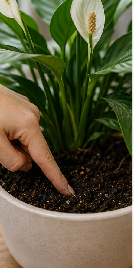 Illustration showing how to check soil moisture by inserting finger 2-3cm into soil