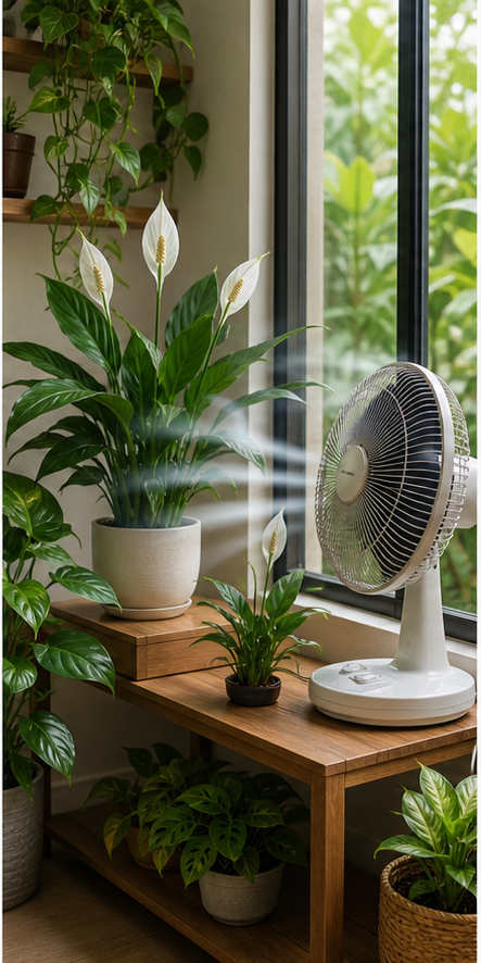 Showing home ventilation improvement solution with small fan providing air circulation around plants