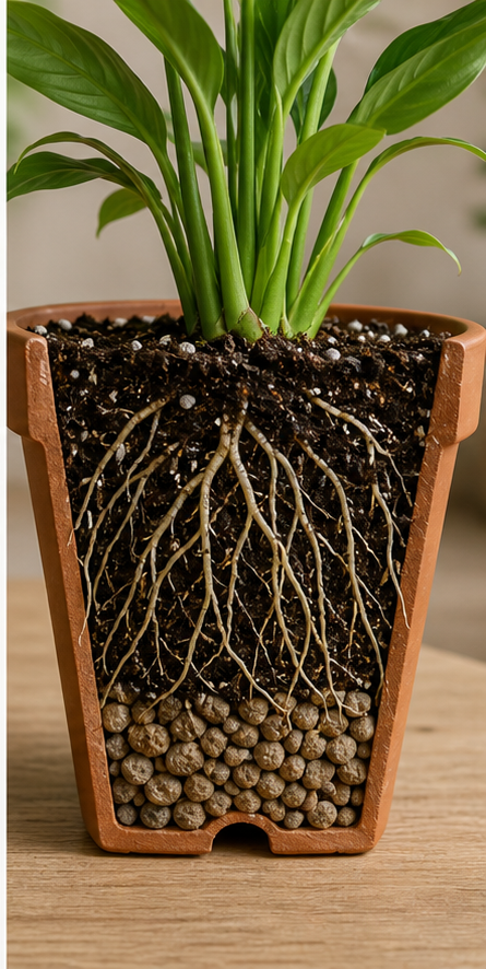 Illustration of proper soil mix and drainage system for peace lilies