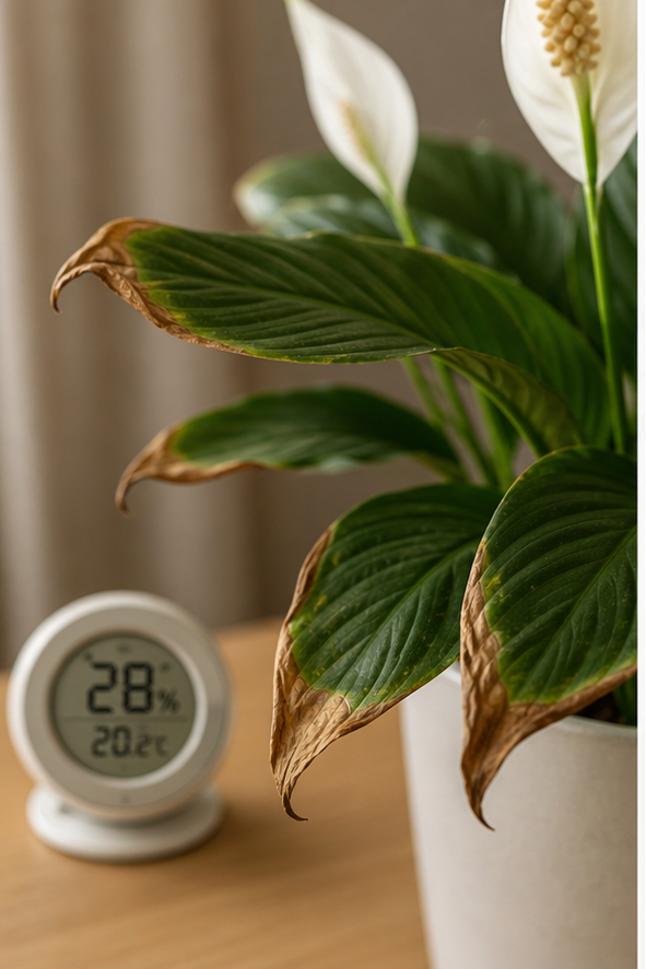 Diagram showing peace lily leaf tip browning caused by dry indoor air