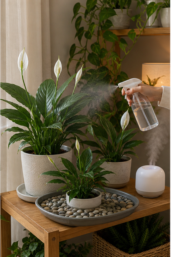 Illustration of home humidification methods including pebble tray and misting techniques