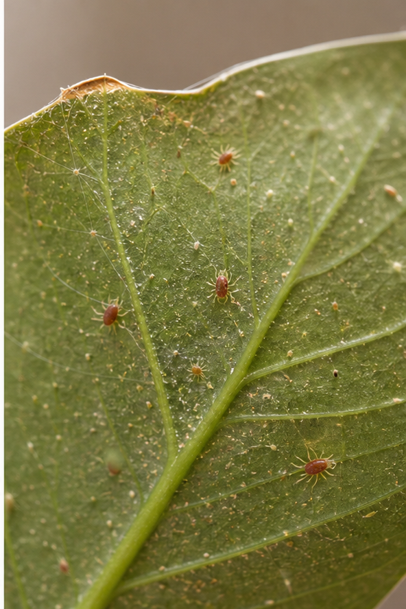 Signs of spider mites on peace lily leaves under magnified view