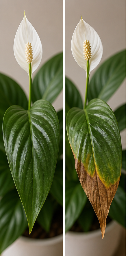 Comparison showing healthy peace lily leaves versus leaves with brown tips