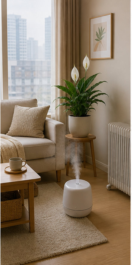 Diagram showing correct peace lily placement in a heated apartment