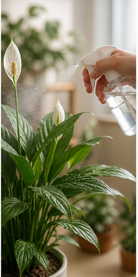 Person misting peace lily leaves with spray bottle