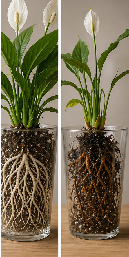 Comparison of healthy versus root-rot affected peace lily roots