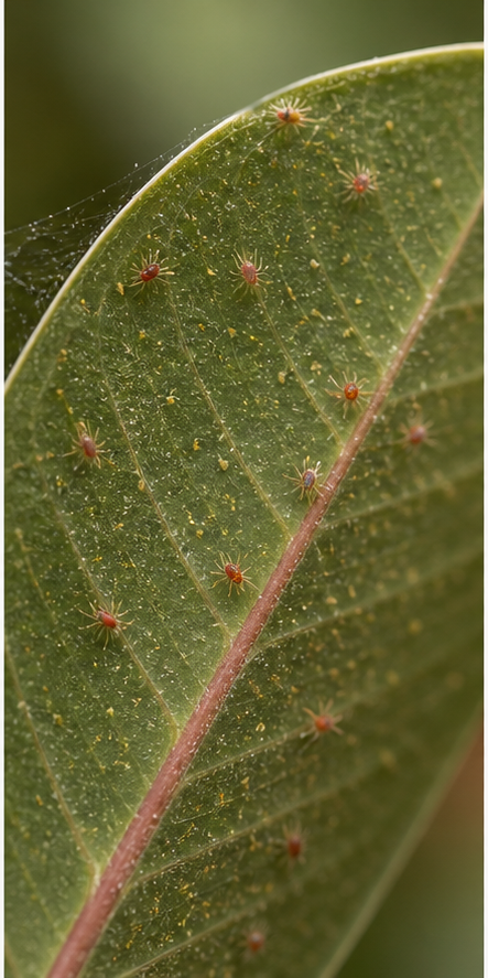 Detail of rubber plant leaf underside showing spider mites and webbing indicating infestation