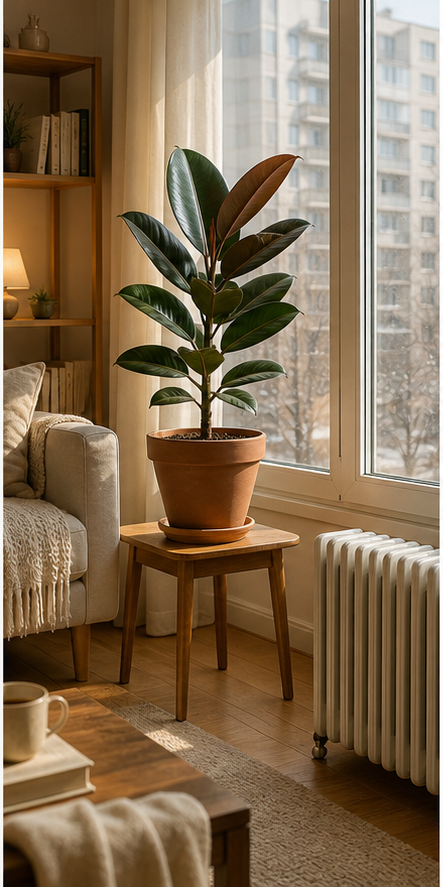 Korean winter indoor scene with rubber plant positioned at optimal location near window with winter sunlight