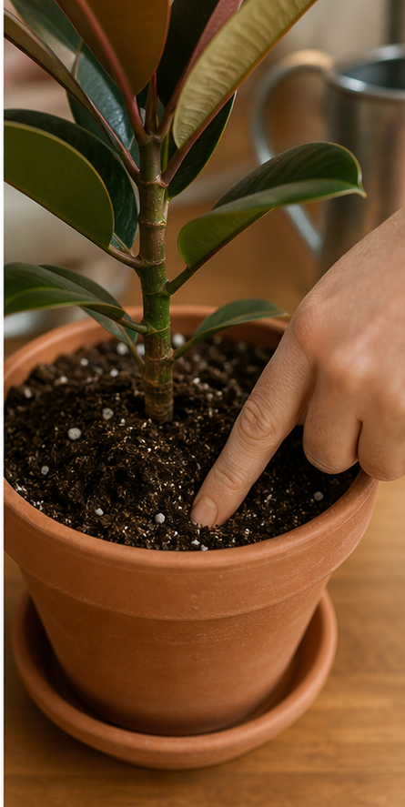 Illustration of finger soil moisture test for rubber plant during winter watering
