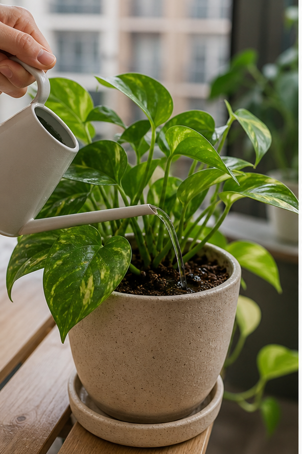 Watering a Pothos with a narrow-spout can