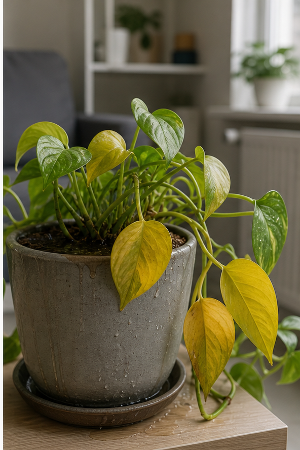 Overwatering warning: yellowing, wilted Pothos leaves