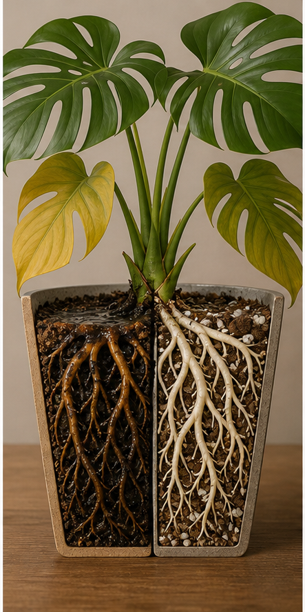 Diagram showing monstera root rot from overwatering